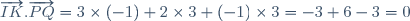 \overrightarrow{IK}.\overrightarrow{PQ}=3\times(-1)+2\times3+(-1)\times3=-3+6-3=0