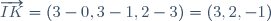 \overrightarrow{IK}=(3-0,3-1,2-3)=(3,2,-1)