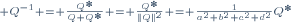 \scriptstyle Q^{-1} = \frac{Q^*}{Q Q^*} = \frac{Q^*}{\|Q\|^2} = \frac{1}{a^2+b^2+c^2+d^2}\ Q^*