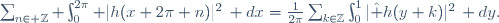 \sum_{n\in \Z} \int_0^{2\pi} |h(x+2\pi n)|^2\, dx=\frac{1}{2\pi}\sum_{k\in\Z}\int_0^1|\hat h(y+k)|^2\, dy.