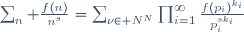 \sum_n \frac{f(n)}{n^s}=\sum_{\nu\in N^N}\prod_{i=1}^{\infty}\frac{f(p_i)^{k_i}}{p_i^{sk_i}}