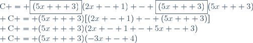 \text{C} = \boxed{(5x + 3)}(2x - 1) - \boxed{(5x + 3)}(5x + 3)\\ \text{C} = (5x + 3)[(2x - 1) - (5x + 3)]\\ \text{C} = (5x + 3)(2x - 1 - 5x - 3)\\ \text{C} = (5x + 3)(-3x - 4)