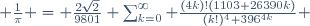  \frac{1}{\pi} = \frac{2\sqrt{2}}{9801} \sum^\infty_{k=0} \frac{(4k)!(1103+26390k)}{(k!)^4 396^{4k}} 