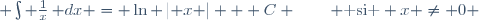  \int \frac{1}{x}\,\mathrm dx = \ln \left| x \right| + C \qquad \text{ si } x \ne 0 