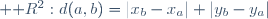  \mathbb R^2:d(a,b)=|x_b-x_a|+|y_b-y_a|