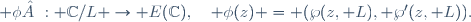  \phi : \C/L \rightarrow E(\C),\quad \phi(z) = (\wp(z, L), \wp'(z, L)).