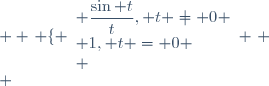 \begin{array}{rccl} f : & \mathbb{R} & \longrightarrow& \mathbb{R} \\   & t & \longrightarrow &  \left \lbrace \begin{array}{l} \dfrac{\sin t}{t}, t \not= 0 \\ 1, t = 0 \\ \end{array} \right. \\ \end{array}