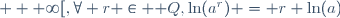 \forall a \in ]0 ; + \infty[,\ \forall r \in \mathbb Q,\ \ln(a^r) = r \ln(a)