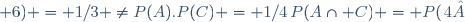 P(A\cap C) = P(\{4 ; 6\}) = 1/3 \neq\ P(A).P(C) = 1/4\,