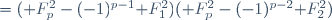 \begin{align}\mathcal F_{p+1}\mathcal F_{p-1}\mathcal F_{p+2}\mathcal F_{p-2}&=(\mathcal F_p^2-(-1)^{p-1}\mathcal F_1^2)(\mathcal F_p^2-(-1)^{p-2}\mathcal F_2^2)\\&=(\mathcal F_p^2\pm1)(\mathcal F_p^2\mp1)\\&=\mathcal F_p^4-1.\end{align}