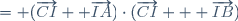\small \begin{array}{ll}i)	\overrightarrow{CA} \cdot \overrightarrow{CB}&= (\overrightarrow{CI}	+ \overrightarrow{IA})\cdot(\overrightarrow{CI} + \overrightarrow{IB})\\&=	CI^2	+ \overrightarrow{CI}	\cdot \overrightarrow{IB} + \overrightarrow{IA} \cdot	\overrightarrow{CI} +	\overrightarrow{IA} \cdot \overrightarrow{IB}\\&= CI^2 +	\overrightarrow{CI} \cdot (\overrightarrow{IA}	+ \overrightarrow{IB}) + \overrightarrow{IA} \cdot	\overrightarrow{IB}\\&=	CI^2 + \overrightarrow{IA} \cdot	\overrightarrow{IB} \hspace{20pt} avec \hspace{5pt}	\overrightarrow{IA} +	\overrightarrow{IB} =	\overrightarrow{0} \hspace{20pt}	\textrm puique	\hspace{3pt} I	milieu de	[AB]\\ \end{array}