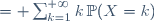 \begin{align}\mathbb{E}(X) &= \sum_{k=1}^{+{\infty}}k\,\mathbb{P}(X=k)\\&=\sum_{k=1}^{+{\infty}}k\,e^{-\lambda}\frac{\lambda^k}{k!}\\&=e^{-\lambda}\,\sum_{k=1}^{+{\infty}}\frac{\lambda^k}{(k-1)!}\\&=\lambda\,e^{-\lambda}\,\sum_{k=1}^{+{\infty}}\frac{\lambda^{k-1}}{(k-1)!}&=\lambda\,e^{-\lambda}\,e^{\lambda}\,=\lambda\end{align}