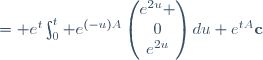 \begin{align}\mathbf{y}_p&= e^{t}\int_0^t e^{(-u)A}\begin{pmatrix}e^{2u} \\0\\e^{2u}\end{pmatrix}\,du+e^{tA}\mathbf{c}\\
&= e^{t}\int_0^t
\begin{pmatrix} 
     2e^u - 2ue^{2u} & -2ue^{2u}    & 0 \\  \\
-2e^u + 2(u+1)e^{2u} & 2(u+1)e^{2u} & 0 \\  \\
            2ue^{2u} & 2ue^{2u}     & 2e^u\end{pmatrix}\begin{pmatrix}e^{2u} \\0\\e^{2u}\end{pmatrix}\,du+e^{tA}\mathbf{c}\\
&= e^{t}\int_0^t
\begin{pmatrix}
e^{2u}( 2e^u - 2ue^{2u}) \\  \\
  e^{2u}(-2e^u + 2(1 + u)e^{2u}) \\  \\
  2e^{3u} + 2ue^{4u}\end{pmatrix}\,du+e^{tA}\mathbf{c}\\
&=e^{t}\begin{pmatrix}
-{1 \over 24}e^{3t}(3e^t(4t-1)-16) \\  \\
{1 \over 24}e^{3t}(3e^t(4t+4)-16) \\  \\
{1 \over 24}e^{3t}(3e^t(4t-1)-16)\end{pmatrix}+
\begin{pmatrix} 
     2e^t - 2te^{2t} & -2te^{2t}    & 0 \\  \\
-2e^t + 2(t+1)e^{2t} & 2(t+1)e^{2t} & 0 \\  \\
            2te^{2t} & 2te^{2t}     & 2e^t\end{pmatrix}\begin{pmatrix}c_1 \\c_2 \\c_3\end{pmatrix},\end{align}
