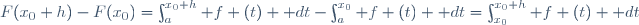 F(x_0+h)-F(x_0)=\int_a^{x_0+h} f (t) \mathrm dt-\int_a^{x_0} f (t) \mathrm dt=\int_{x_0}^{x_0+h} f (t) \mathrm dt