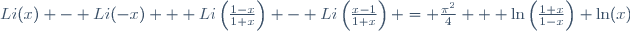 Li(x) - Li(-x) + Li\left(\frac{1-x}{1+x}\right) - Li\left(\frac{x-1}{1+x}\right) = \frac{\pi^2}{4} + \ln\left(\frac{1+x}{1-x}\right) \ln(x)