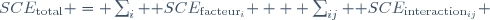 SCE_\text{total} = \sum_i { SCE_{\text{facteur}_i} } + \sum_{ij} { SCE_{\text{interaction}_{ij}} }