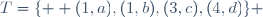 T=\lbrace  (1,a),(1,b),(3,c),(4,d)\rbrace 