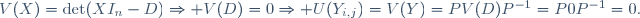 V(X)=\det(XI_n-D)\Rightarrow V(D)=0\Rightarrow U(Y_{i,j})=V(Y)=PV(D)P^{-1}=P0P^{-1}=0.