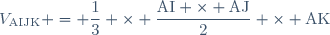 V_{\text{AIJK}} = \dfrac{1}{3} \times \dfrac{\text{AI} \times \text{AJ}}{2} \times \text{AK}