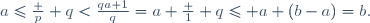 a\le\frac p q<\frac{qa+1}q=a+\frac 1 q\le a+(b-a)=b.
