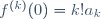 f^{(k)}(0)=k!a_k
