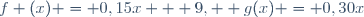 f (x) = 0,15x + 9,  g(x) = 0,30x