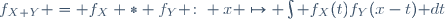 f_{X+Y} = f_X * f_Y \colon x \mapsto \int f_X(t)f_Y(x-t)\mathrm dt