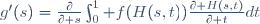g'(s)=\frac{\partial}{\partial s}\int_0^1 f(H(s,t))\frac{\partial H(s,t)}{\partial t}dt