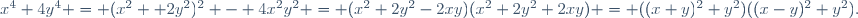 x^4+4y^4 = (x^2 +2y^2)^2 - 4x^2y^2 = (x^2+2y^2-2xy)(x^2+2y^2+2xy) = ((x+y)^2+y^2)((x-y)^2+y^2).