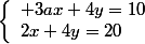 $\left\lbrace\begin{array}l 3ax+4y=10\\2x+4y=20\end{array}\right