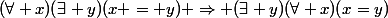 (\forall x)(\exists y)(x = y) \Rightarrow (\exists y)(\forall x)(x=y)