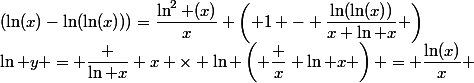 \ln y = \dfrac {\ln x} x \times \ln \left( \dfrac x {\ln x} \right) = \dfrac{\ln(x)}x \;(\ln(x)-\ln(\ln(x)))=\dfrac{\ln^2 (x)}x \left( 1 - \dfrac{\ln(\ln(x))}{x \ln x} \right)