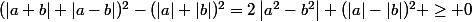 (|a+b|+|a-b|)^{2}-(|a|+|b|)^{2}=2\left|a^{2}-b^{2}\right|+(|a|-|b|)^{2} \geq 0