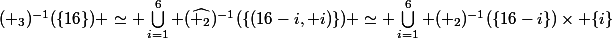 (+_3)^{-1}(\{16\}) \simeq \bigcup_{i=1}^6 (\widehat{+_2})^{-1}(\{(16-i, i)\}) \simeq \bigcup_{i=1}^6 (+_2)^{-1}(\{16-i\})\times \{i\}