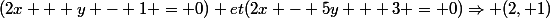 (2x + y - 1 = 0) et\ (2x - 5y + 3 = 0)\Rightarrow (2, 1)