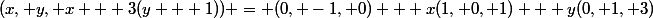 (x, y, x + 3(y + 1)) = (0, -1, 0) + x(1, 0, 1) + y(0, 1, 3)