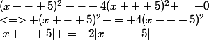 |x - 5| = 2|x + 5|&nbsp;&nbsp;<=> (x - 5)^2 = 4(x + 5)^2&nbsp;&nbsp;<=>&nbsp;&nbsp;(x - 5)^2 - 4(x + 5)^2 = 0