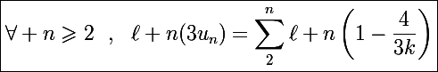 \Large\boxed{\forall n\geqslant2~~,~~\ell n(3u_n)=\sum_2^n\ell n\left(1-\frac{4}{3k}\right)}