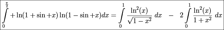 \Large\boxed{\int_0^{\frac{\pi}{2}} \ln(1+\sin x)\ln(1-\sin x)dx=\int_0^1\frac{\ln^2(x)}{\sqrt{1-x^2}}~dx~~-~~2\int_0^1\frac{\ln^2(x)}{1+x^2}~dx}