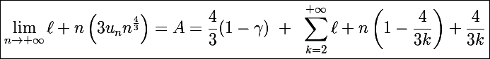 \Large\boxed{\lim_{n\to+\infty}\ell n\left(3u_nn^{\frac{4}{3}}\right)=A=\frac{4}{3}(1-\gamma)~+~\sum_{k=2}^{+\infty}\ell n\left(1-\frac{4}{3k}\right)+\frac{4}{3k}}