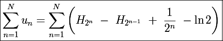 \Large\boxed{\sum_{n=1}^Nu_n=\sum_{n=1}^N\left(H_{2^n}~-~H_{2^{n-1}}~+~\frac{1}{2^n}~-\ln2\right)}