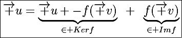 \Large\boxed{\vec u=\underbrace{\vec u -f(\vec v)}_{\in Kerf}~+~\underbrace{f(\vec v)}_{\in Imf}}