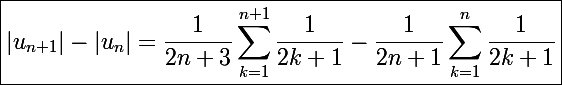 \Large\boxed{|u_{n+1}|-|u_n|=\frac{1}{2n+3}\sum_{k=1}^{n+1}\frac{1}{2k+1}-\frac{1}{2n+1}\sum_{k=1}^n\frac{1}{2k+1}}
