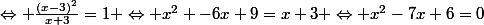 \Leftrightarrow \frac{(x-3)^2}{x+3}=1 \Leftrightarrow x^2 -6x+9=x+3 \Leftrightarrow x^2-7x+6=0