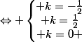 \Leftrightarrow \left\lbrace\begin{matrix} k=-\frac{1}{2}\\ k=\frac{1}{2}\\ k=0 \end{matrix}\right.