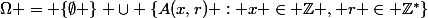 \Omega = \{\emptyset \} \cup \{A(x,r) : x \in \mathbb{Z} , r \in \mathbb{Z}^*\}