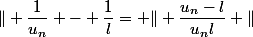 \Vert \dfrac{1}{u_n} - \dfrac{1}{l}= \Vert \dfrac{u_n-l}{u_nl} \Vert