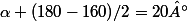 \alpha (180-160)/2=20°