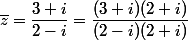 \bar{z}=\dfrac{3+i}{2-i}=\dfrac{(3+i)(2+i)}{(2-i)(2+i)}