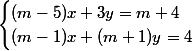 \begin{cases}(m-5)x+3y=m+4\\(m-1)x+(m+1)y=4\end{cases}